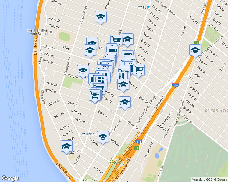map of restaurants, bars, coffee shops, grocery stores, and more near 321 89th Street in Brooklyn