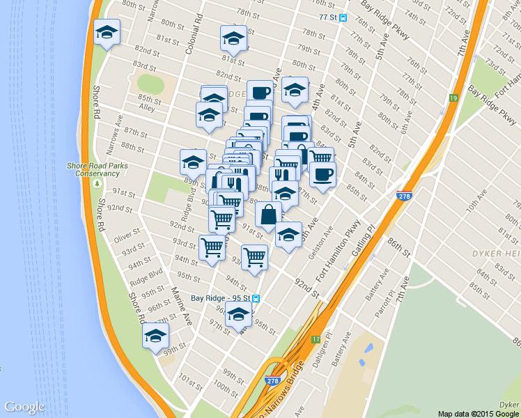 map of restaurants, bars, coffee shops, grocery stores, and more near 321 89th Street in Brooklyn