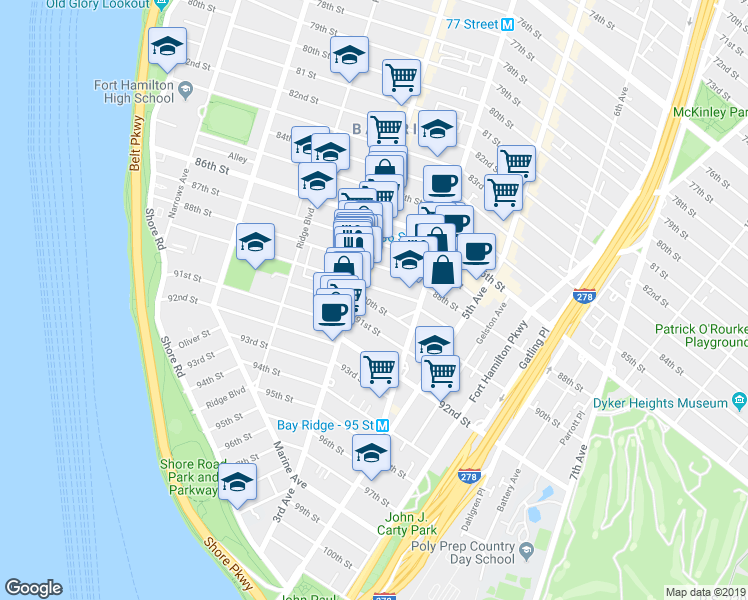 map of restaurants, bars, coffee shops, grocery stores, and more near 321 89th Street in Brooklyn