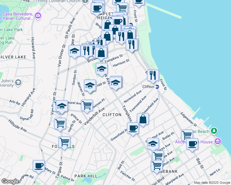 map of restaurants, bars, coffee shops, grocery stores, and more near 119 Tompkins Avenue in Staten Island