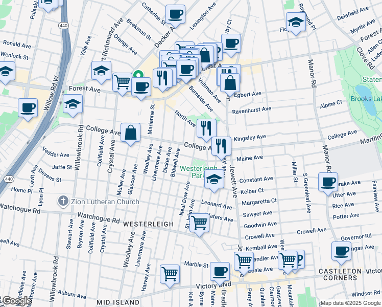 map of restaurants, bars, coffee shops, grocery stores, and more near 419 College Avenue in Staten Island