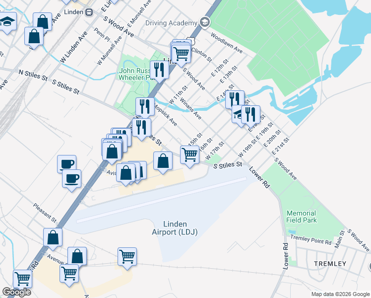 map of restaurants, bars, coffee shops, grocery stores, and more near 1408 Mopsick Avenue in Linden