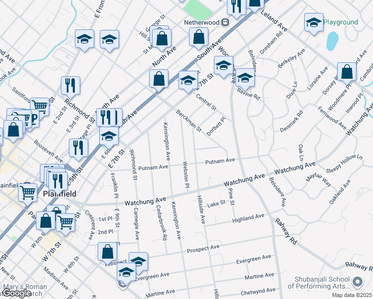 map of restaurants, bars, coffee shops, grocery stores, and more near 719 Hillside Avenue in Plainfield