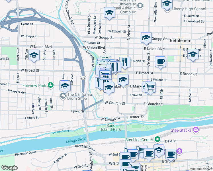 map of restaurants, bars, coffee shops, grocery stores, and more near 77 West Broad Street in Bethlehem