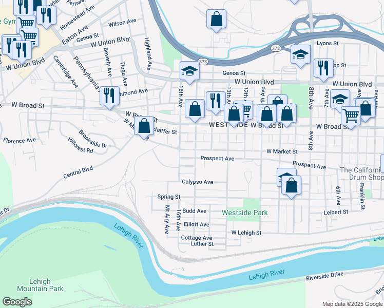 map of restaurants, bars, coffee shops, grocery stores, and more near 1602 West Market Street in Bethlehem