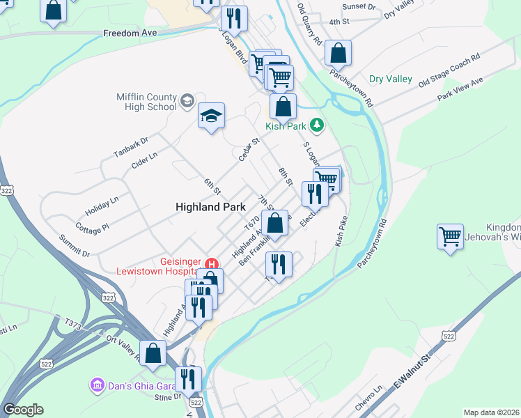 map of restaurants, bars, coffee shops, grocery stores, and more near 310 7th Street in Lewistown