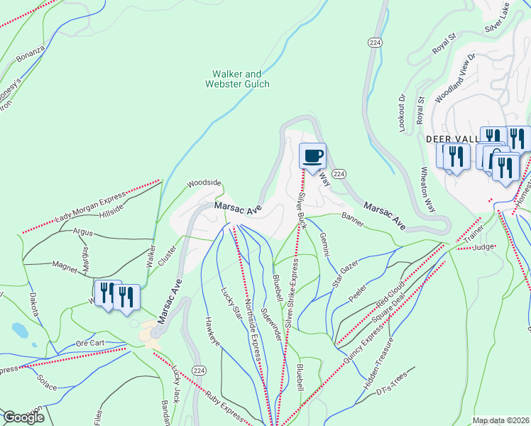 map of restaurants, bars, coffee shops, grocery stores, and more near 34 Silver Strike Trail in Park City
