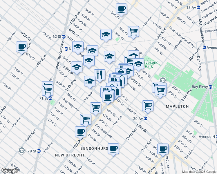 map of restaurants, bars, coffee shops, grocery stores, and more near 1744 63rd Street in Brooklyn