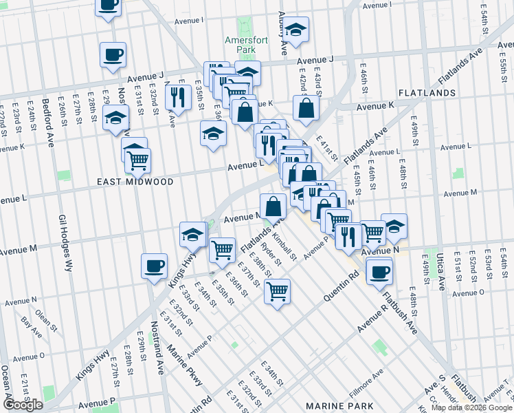 map of restaurants, bars, coffee shops, grocery stores, and more near 1343 East 38th Street in Brooklyn