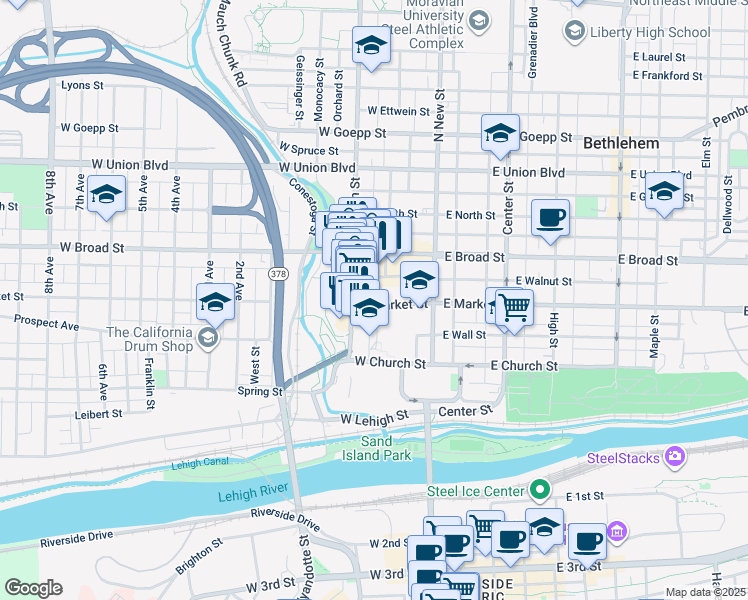 map of restaurants, bars, coffee shops, grocery stores, and more near 64 West Market Street in Bethlehem