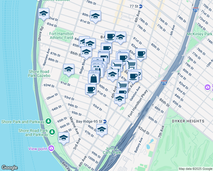 map of restaurants, bars, coffee shops, grocery stores, and more near 321 89th Street in Brooklyn