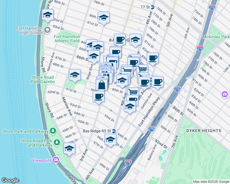 map of restaurants, bars, coffee shops, grocery stores, and more near 321 89th Street in Brooklyn