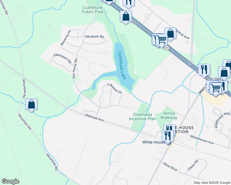 map of restaurants, bars, coffee shops, grocery stores, and more near 1402 South Branch Drive in Readington Township