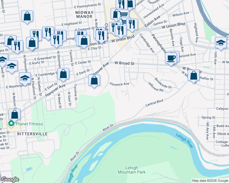 map of restaurants, bars, coffee shops, grocery stores, and more near 2225 Florence Avenue in Bethlehem