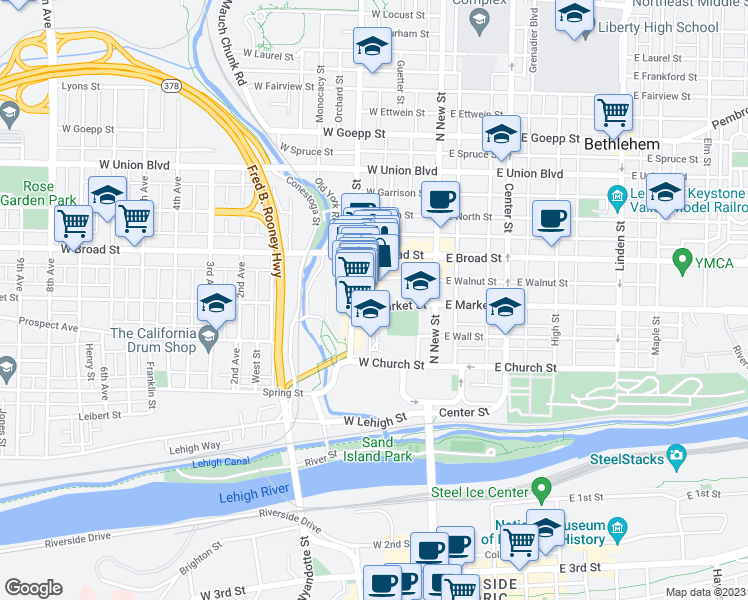 map of restaurants, bars, coffee shops, grocery stores, and more near 66 West Market Street in Bethlehem