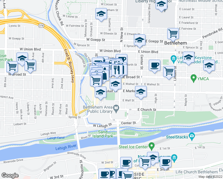 map of restaurants, bars, coffee shops, grocery stores, and more near 30 West Market Street in Bethlehem