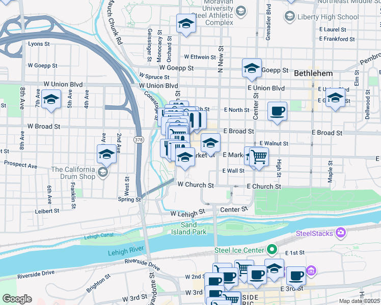 map of restaurants, bars, coffee shops, grocery stores, and more near 56 West Market Street in Bethlehem