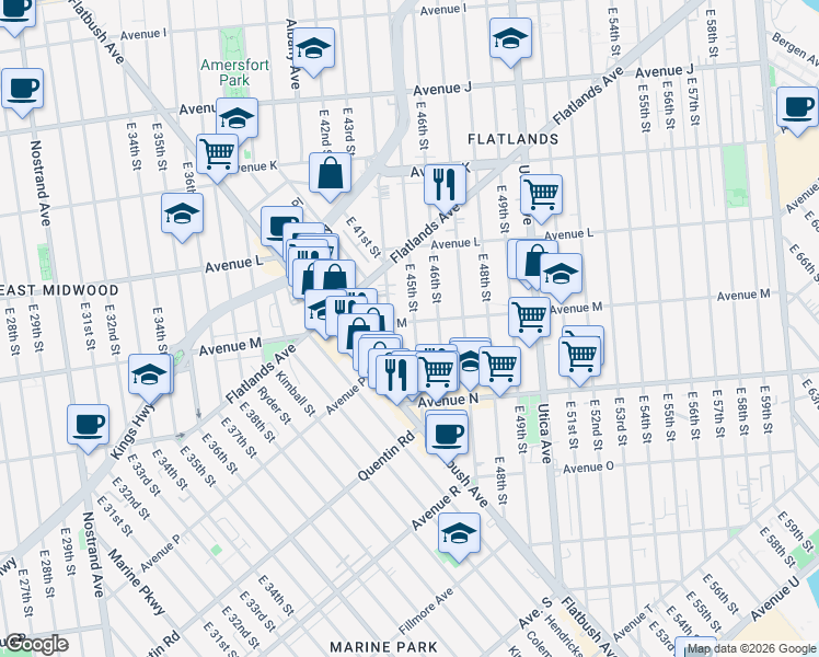 map of restaurants, bars, coffee shops, grocery stores, and more near 1608 East 45th Street in Brooklyn