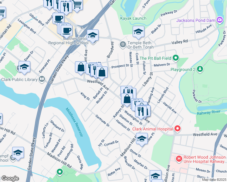 map of restaurants, bars, coffee shops, grocery stores, and more near 149 Broadway in Clark