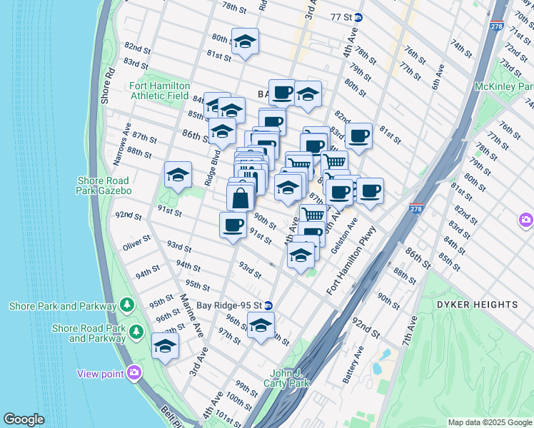 map of restaurants, bars, coffee shops, grocery stores, and more near 332 89th Street in Brooklyn