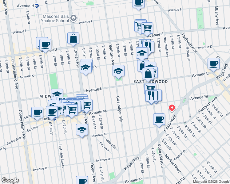 map of restaurants, bars, coffee shops, grocery stores, and more near 2407 Avenue L in Brooklyn