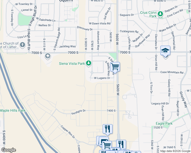 map of restaurants, bars, coffee shops, grocery stores, and more near 5758 West Lugano Drive in West Jordan