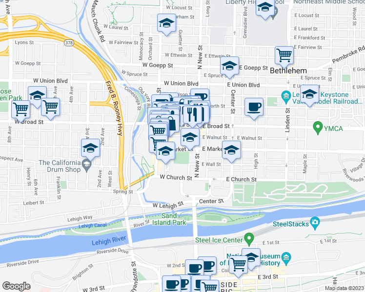 map of restaurants, bars, coffee shops, grocery stores, and more near 32 West Market Street in Bethlehem