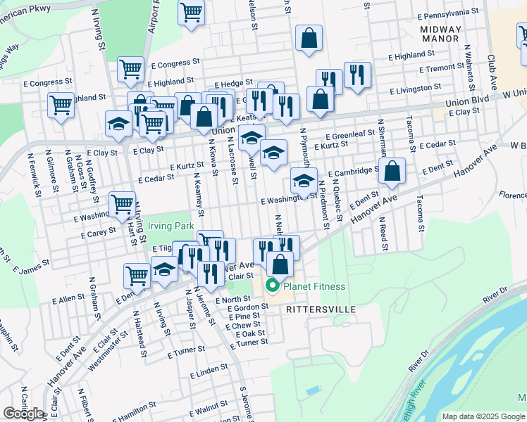map of restaurants, bars, coffee shops, grocery stores, and more near 801 North Maxwell Street in Allentown