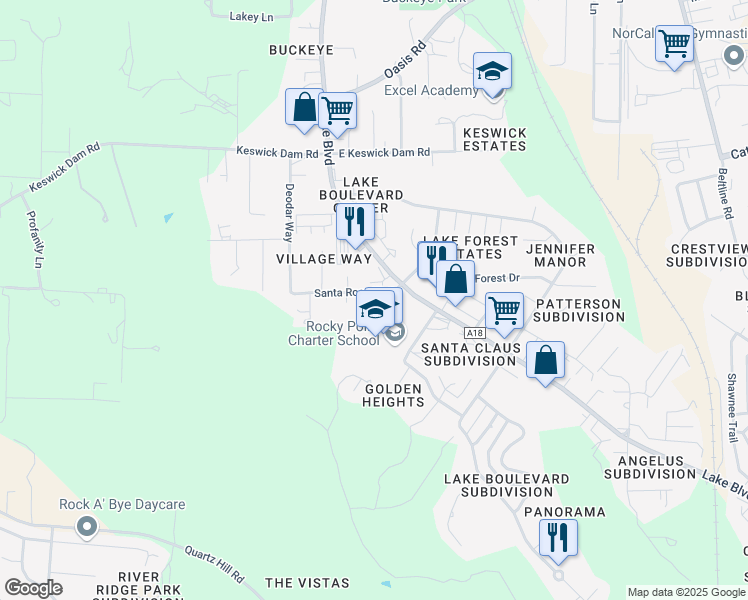 map of restaurants, bars, coffee shops, grocery stores, and more near 3465 Santa Rosa Way in Redding