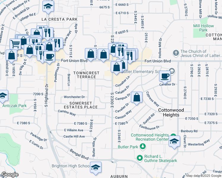 map of restaurants, bars, coffee shops, grocery stores, and more near 2290 East 7120 South in Cottonwood Heights