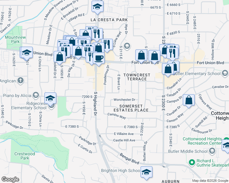 map of restaurants, bars, coffee shops, grocery stores, and more near 7136 Brent Lane in Cottonwood Heights