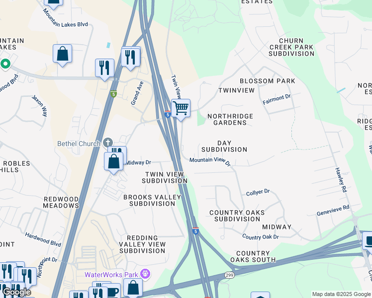 map of restaurants, bars, coffee shops, grocery stores, and more near 5435 Mountain View Drive in Redding