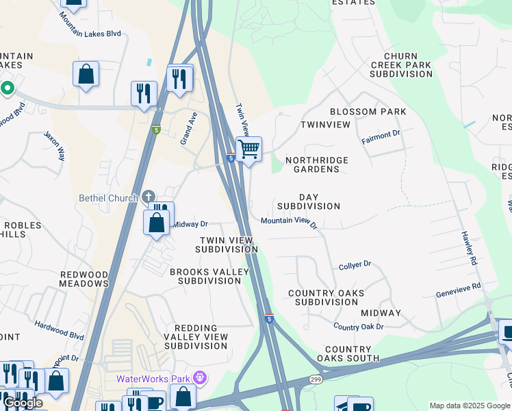 map of restaurants, bars, coffee shops, grocery stores, and more near 5435 Mountain View Drive in Redding