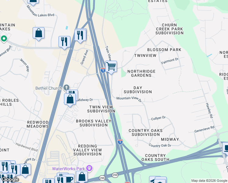 map of restaurants, bars, coffee shops, grocery stores, and more near 5435 Mountain View Drive in Redding