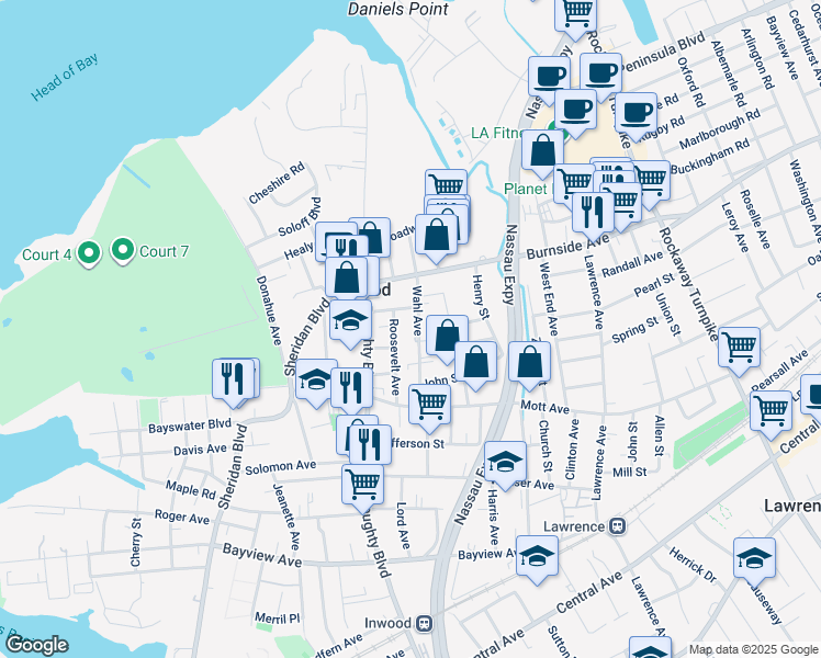 map of restaurants, bars, coffee shops, grocery stores, and more near 168 Wahl Avenue in Inwood