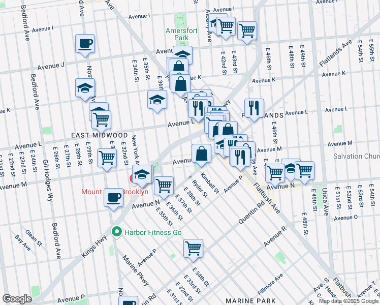 map of restaurants, bars, coffee shops, grocery stores, and more near 1343 East 38th Street in Brooklyn