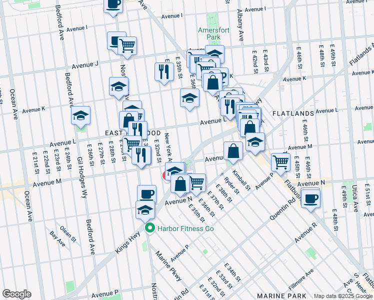 map of restaurants, bars, coffee shops, grocery stores, and more near 1335 East 35th Street in Brooklyn