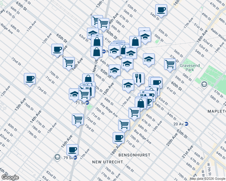 map of restaurants, bars, coffee shops, grocery stores, and more near 6511 16th Avenue in Brooklyn