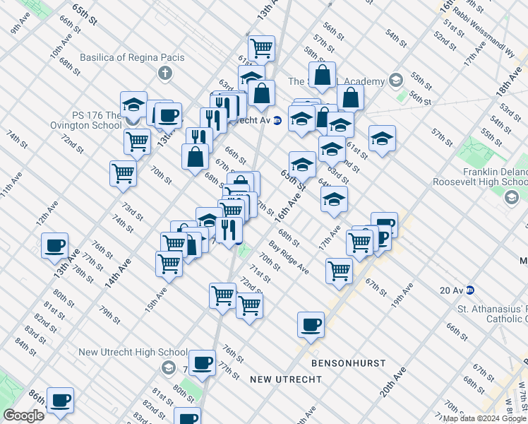 map of restaurants, bars, coffee shops, grocery stores, and more near 6701 New Utrecht Avenue in Brooklyn