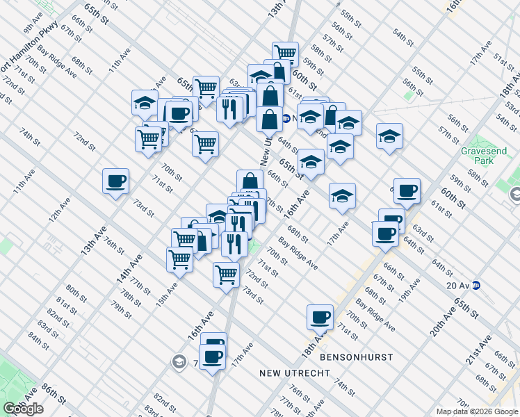 map of restaurants, bars, coffee shops, grocery stores, and more near 6701 New Utrecht Avenue in Brooklyn