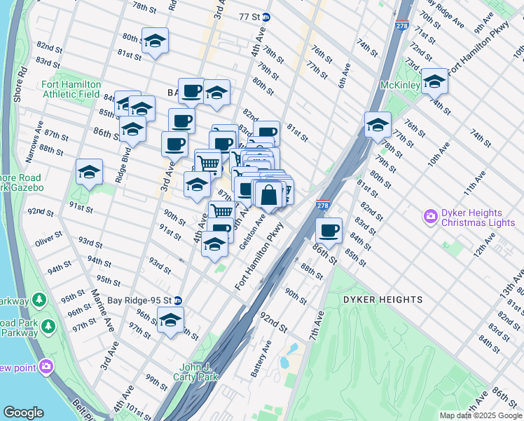 map of restaurants, bars, coffee shops, grocery stores, and more near 559 86th Street in Brooklyn