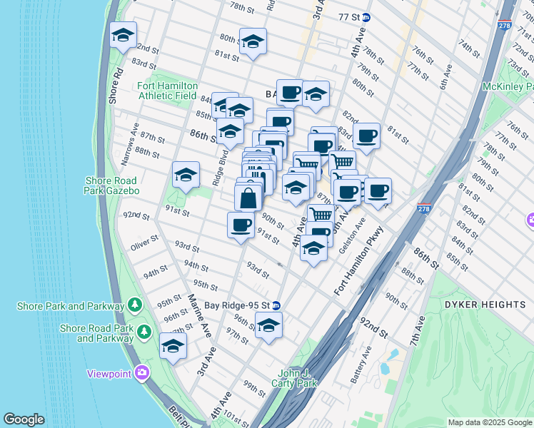 map of restaurants, bars, coffee shops, grocery stores, and more near 321 89th Street in Brooklyn
