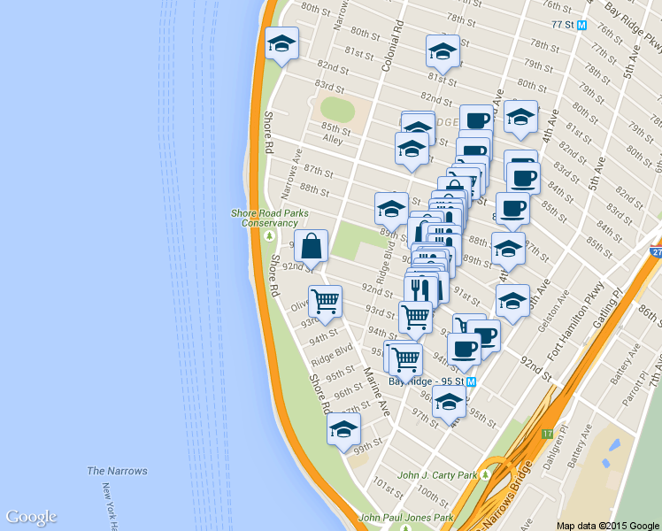 map of restaurants, bars, coffee shops, grocery stores, and more near 116 91st Street in Brooklyn