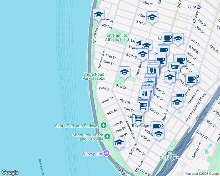 map of restaurants, bars, coffee shops, grocery stores, and more near 53 91st Street in Brooklyn