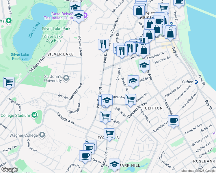 map of restaurants, bars, coffee shops, grocery stores, and more near 737 Van Duzer Street in Staten Island
