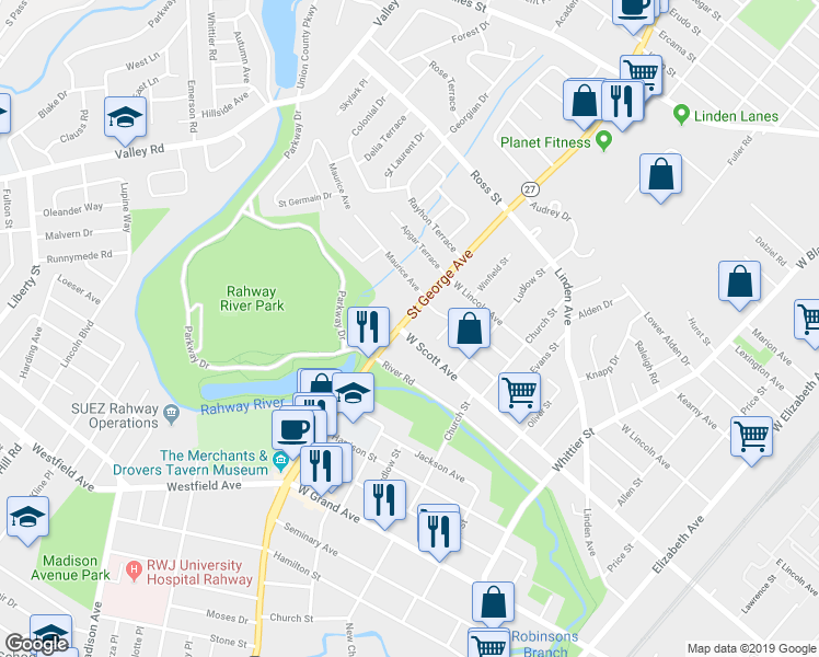 map of restaurants, bars, coffee shops, grocery stores, and more near 2109 Saint Georges Avenue in Rahway
