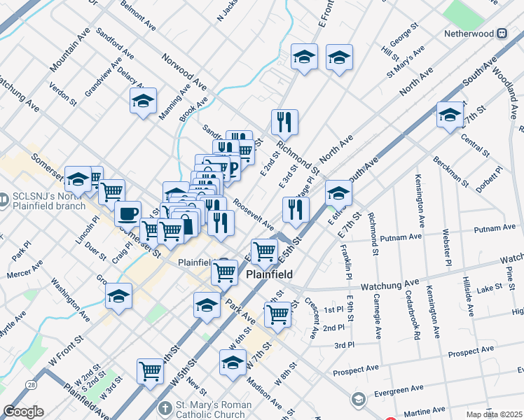 map of restaurants, bars, coffee shops, grocery stores, and more near 313 East 3rd Street in Plainfield