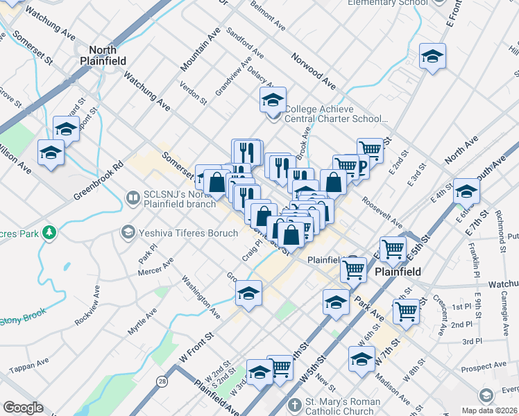 map of restaurants, bars, coffee shops, grocery stores, and more near 40 Chatham Street in North Plainfield