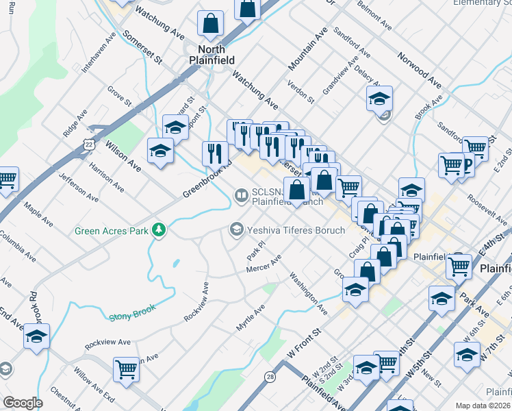 map of restaurants, bars, coffee shops, grocery stores, and more near 141 Duer Street in North Plainfield