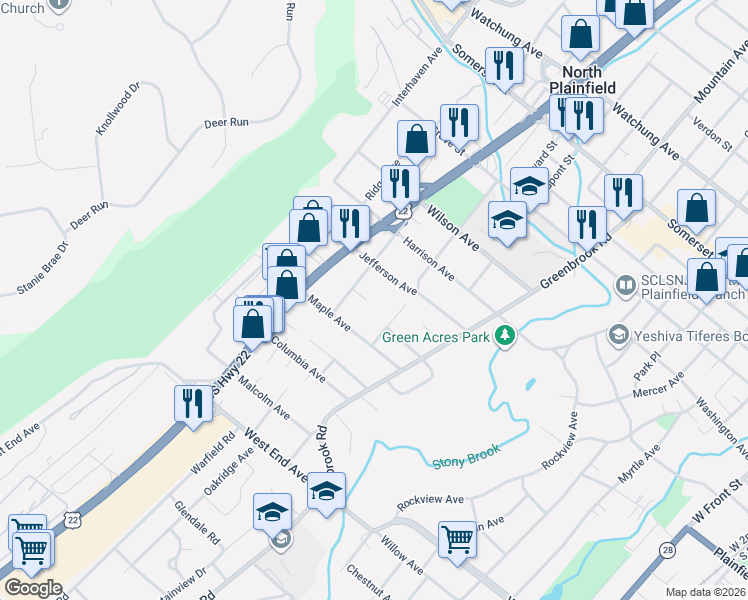 map of restaurants, bars, coffee shops, grocery stores, and more near 247 Jefferson Avenue in North Plainfield